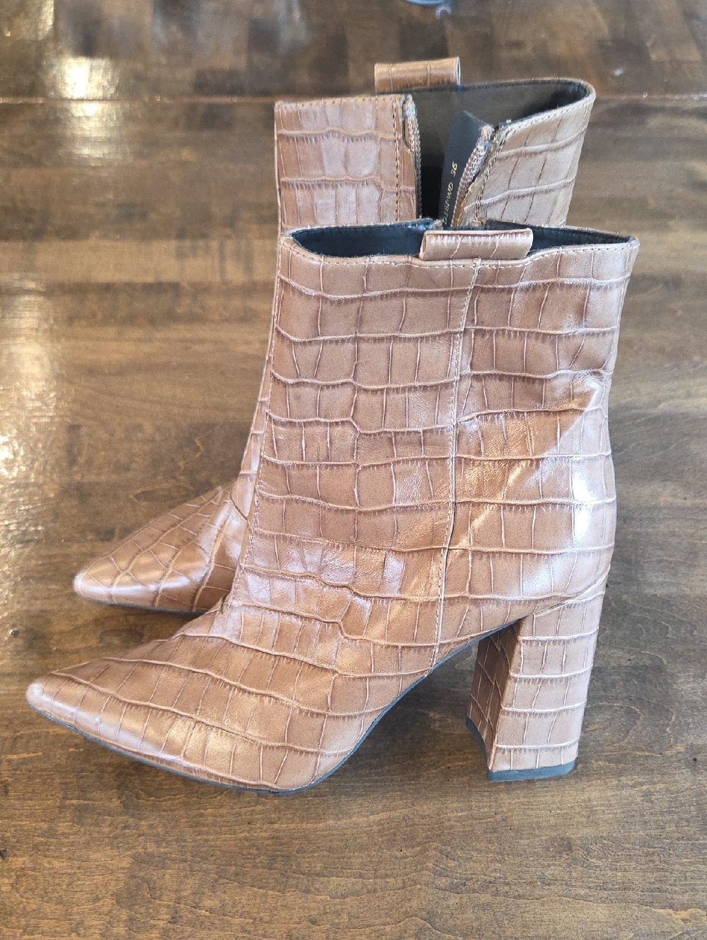 Geox Size 6 Women's Brown Croc-Embossed Pointed Toe Block Heel Leather Boots NEW